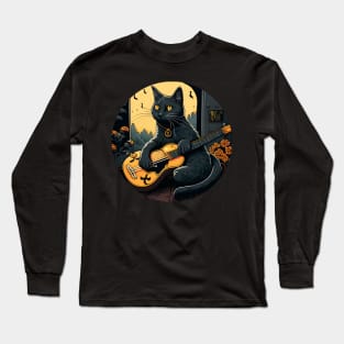 Alone Cool Black Cat Playing Guitar Bass - Love Cats Long Sleeve T-Shirt